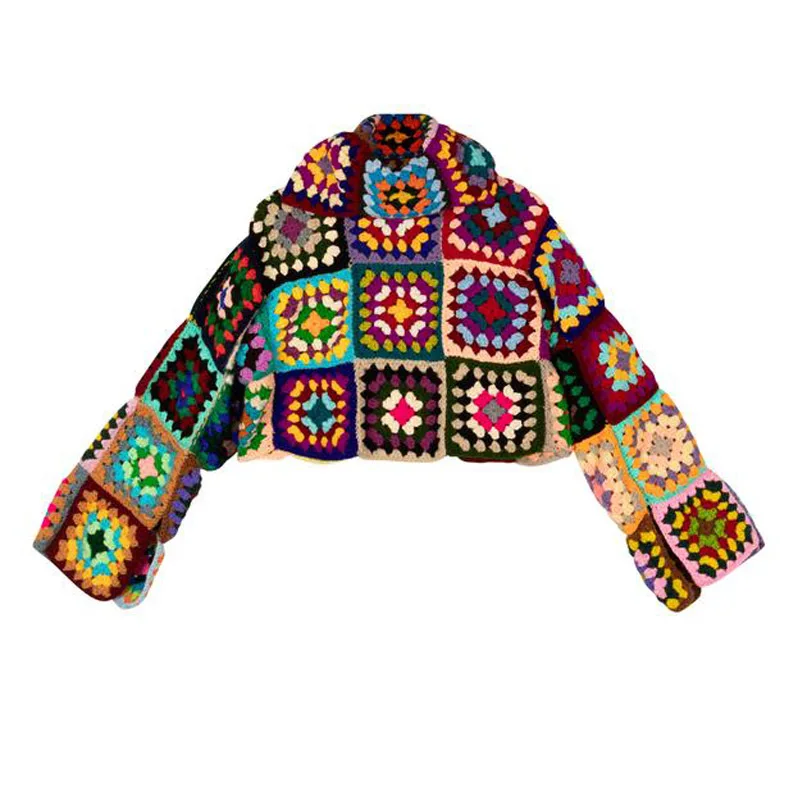 Colorful Turtleneck Crochet Sweater Boho Afghan Coat Granny Square Knitted Sweater Cute Color Checked Pullover Women Clothing