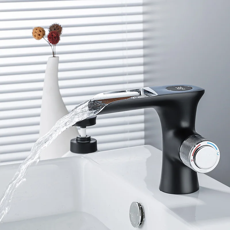 

Tuqiu New Basin Faucet Temperture Digital Show Bathroom Black Wash basin Faucet Single Handle Hot and Cold Waterfall Faucet