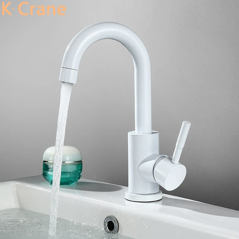 

White Faucets Bathroom Basin Sink Black Tap Hot Cold Water Mixer Crane Single Hole Deck Mount Faucet Stainless Steel Torneira