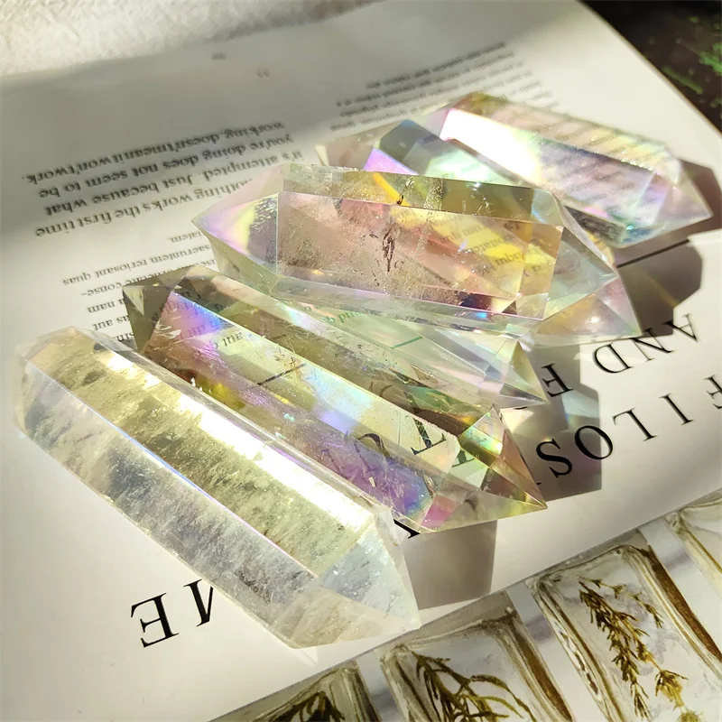 Natural Gemstones Aura Quartz Crystal Double Wand Points Healing Reiki Decoration Stones