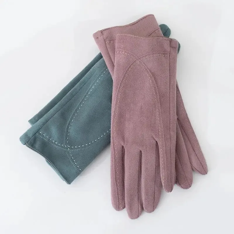 Fashion Style Plus Velvet Thicken Women Winter Keep Warm Touch Screen Suede Gloves Drive Cycling Personality Mittens