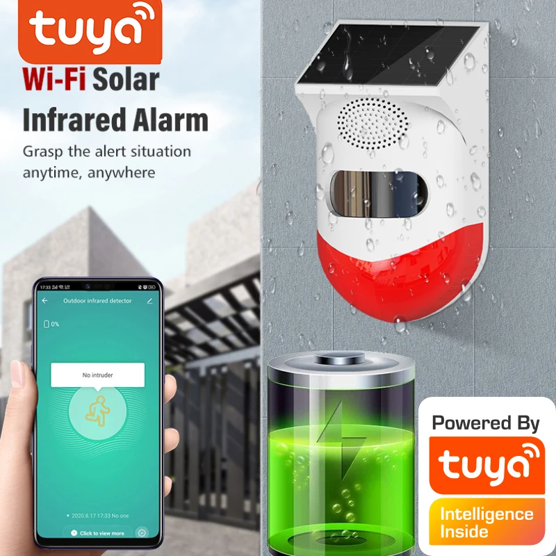 Tuya Wifi Solar Infrared Detector Outdoor waterproof PIR Sensor Built-in rechargeable battery Built-in buzzer 120dB Smart life