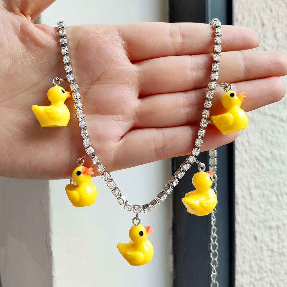 Fashion Cute Cartoon Little Yellow Duck Charms Pendant Necklace for Women Shining Crystal Tennis Chain Necklace Creative Jewelry