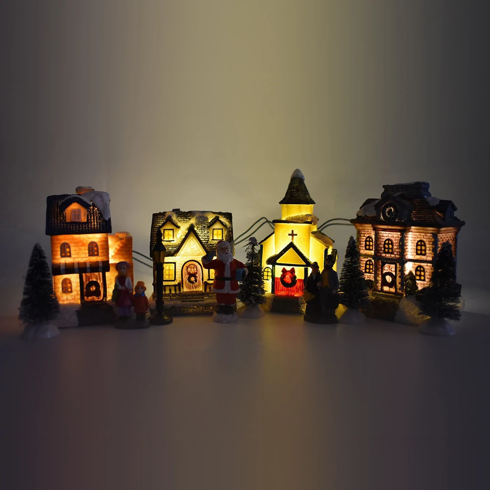 10pcs/set Christmas Decorative Lights Santa Claus Snow House Figurine Table Lamp for Bedroom Happy Xmas Gift for Family Friend