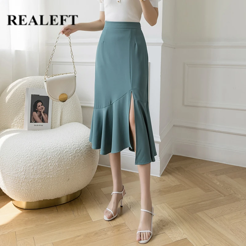 

REALEFT 2021 New Summer Women's Midi Skirts Fashion Korean Style High Waist Solid Color Side Split Ruffle Fishtail Ladies Skirt