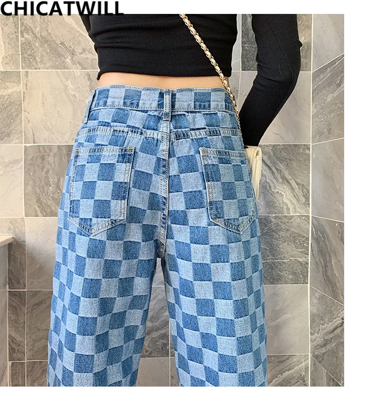 Szykowna, w stylu Harajuku BF wysokiej talii kieszeń szerokie nogawki Plaid dżinsy kobiety anglia Checker Jeans Casual europa chłopak luźne spodnie