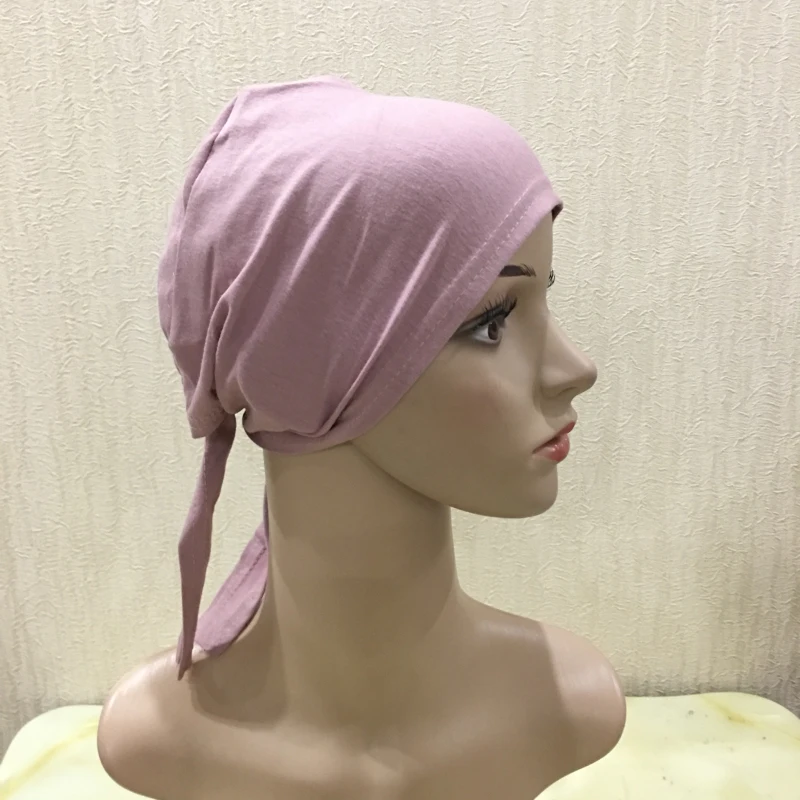 H048 Plain Cotton Tie Back Hats Muslim Turban Pure Color Stretch Inner Hijabs Underscarf Women Head Scarf Under Hijab Bonnet