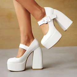 Black White Mary Janes Super Thick High Heels Platforms Pumps For Women Spring Summer Shallow Party Chunky Dance Shoes Ladies