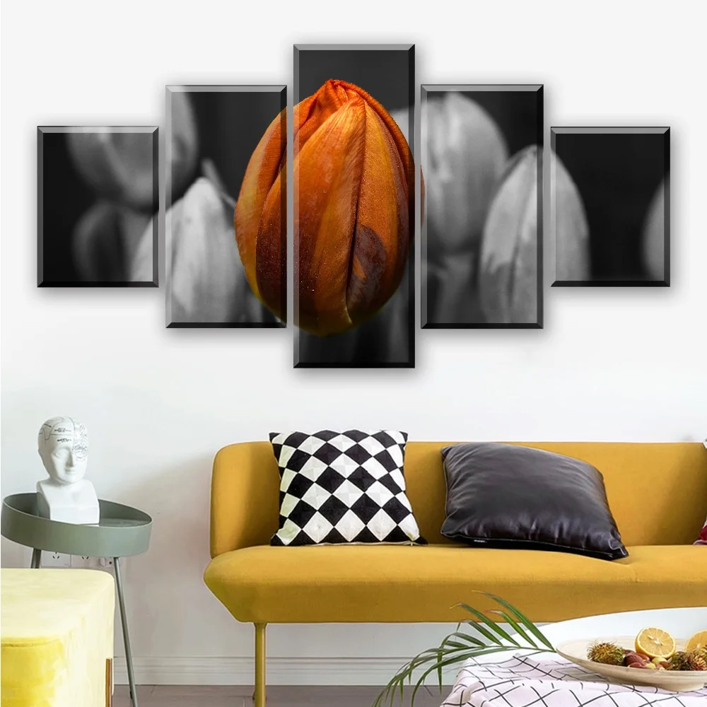 Wall Canvas Painting 5 Piece Orange Tulips Flower Black and White Picture Home Decoration Wall Art Print Poster Framework Decor