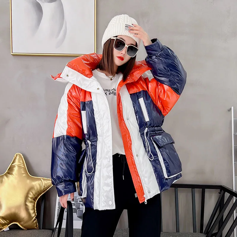 2024 Winter New Glossy Down Cotton Padded Coat Women Fashion Color Matching Hooded Casual Cotton Clothes Parkas Female Outwear