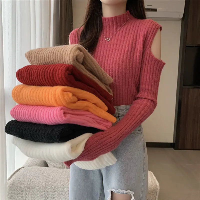 2024 Autumn Winter Pullover Knitwear Turtleneck off-the-Shoulder Sweater for Women Woman Sweaters Femme Chandails Pull Hiver