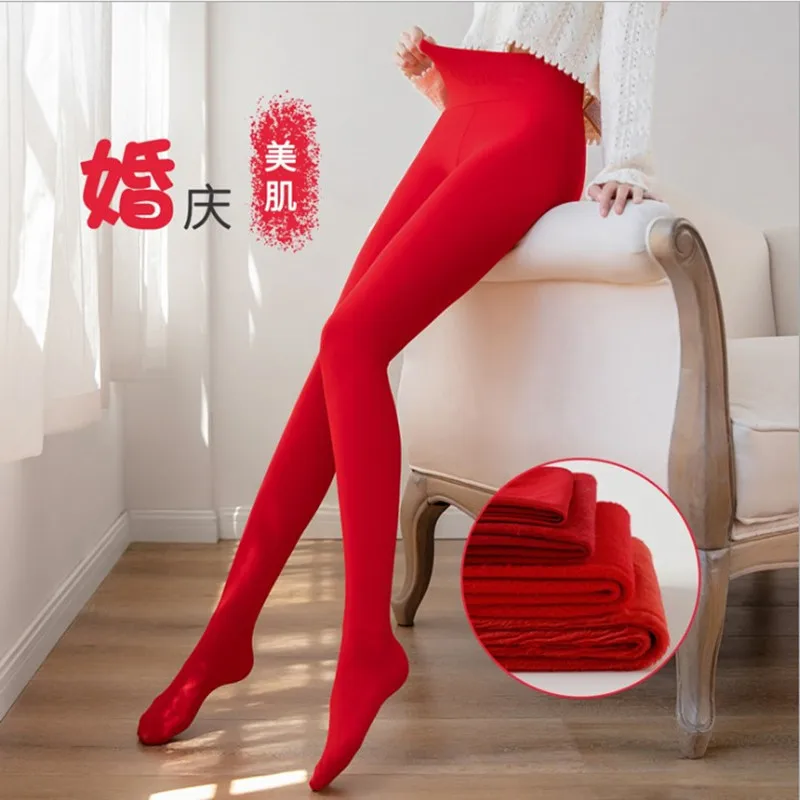 Women Red Thickened Velvet Pantyhose Wear Warm And Thin Festive Step Autumn Winter Wedding Big Leggings Foot Bottoms New