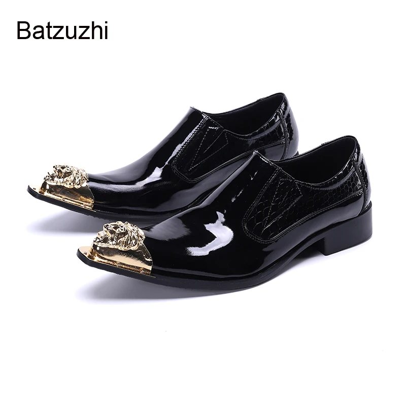 Batzuzhi Black Patent Leather Dress Shoes for Men Italian Type Men's Shoes Golden Iron Toe Party and Wedding/Business, EU38-46