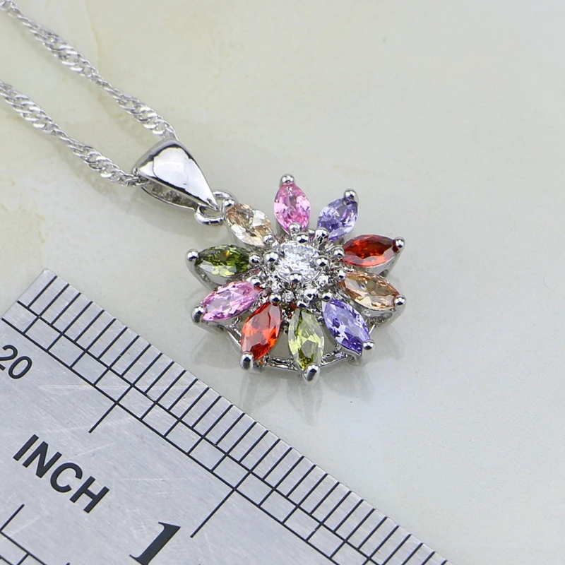 Flower Multicolor Stones Cubic Zirconia 925 Sterling Silver Jewelry Sets For Women Earrings/Pendant/Necklace/Ring/Bracelet