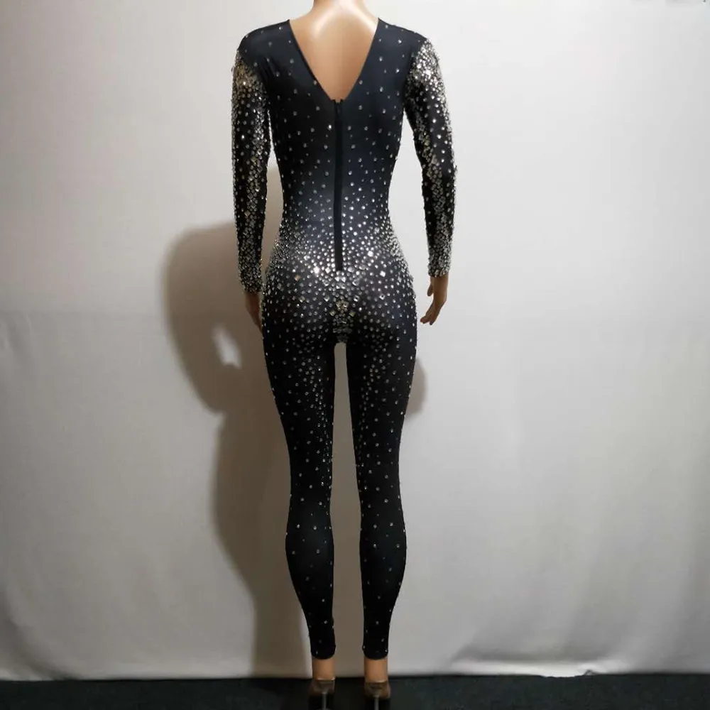 Sexy Stretch Rhinestones Party Jumpsuits Women Stretch Long Sleeve Crystal Romper Black Nightclub Prom Bodysuit Dance Stage Wear