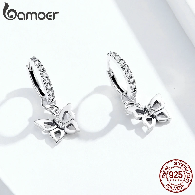 BAMOER Dazzling Butterfly Hoop Earrings for Women 925 Sterling Silver Engagement Wedding Statement Fine Jewelry Pendants SCE833