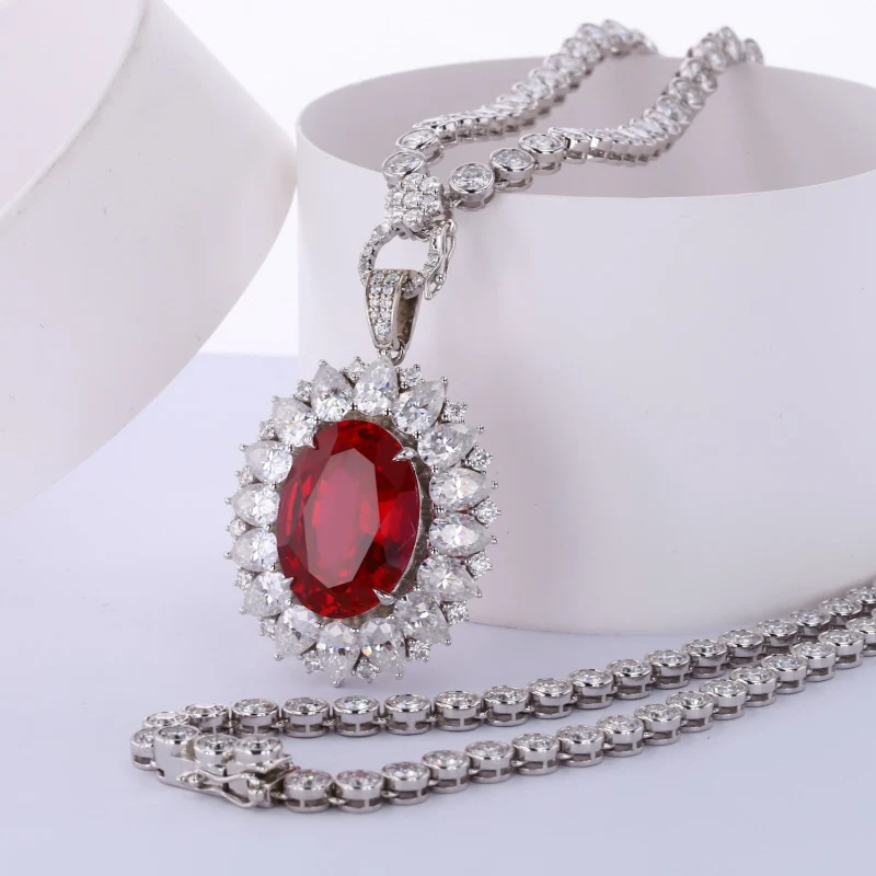 Hip Hop Custom Women Men Tennis Necklace 9K Moissanite Chain Blood Red Pendant