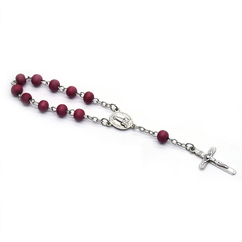 QIGO Red Wood Beads Strand Cross Rosary Bracelet With Box Church Religious Jewelry Gifts