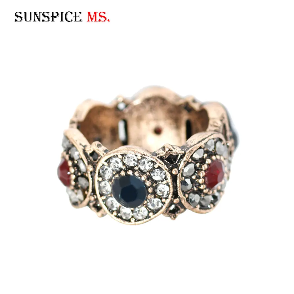 SUNSPICE MS Retro Vintage Turkish Ring For Women Round Full Rhinestone Finger Rings Ethnic Wedding Bojiux Indian Jewelry Gift