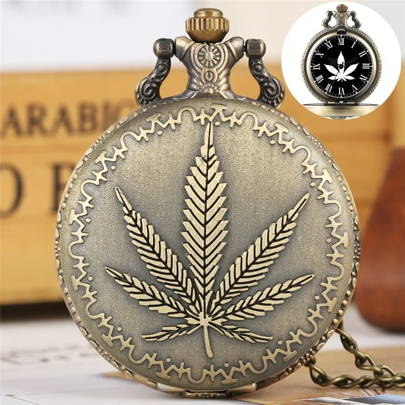 Antique Leaf Design Pocket Watch Men Women Quartz Analog Pocket Watches Necklace Chain with Roman Number Dial Gift