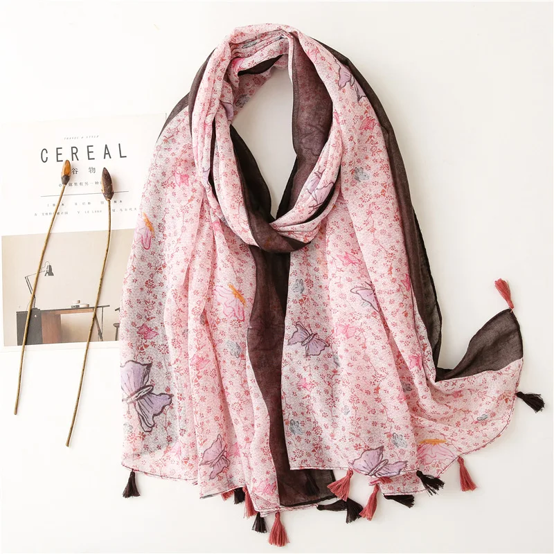 2021 Fashion Women Butterfly Print Tassel Scarf Shawls Long Soft Floral Scarves Hijab Wrap