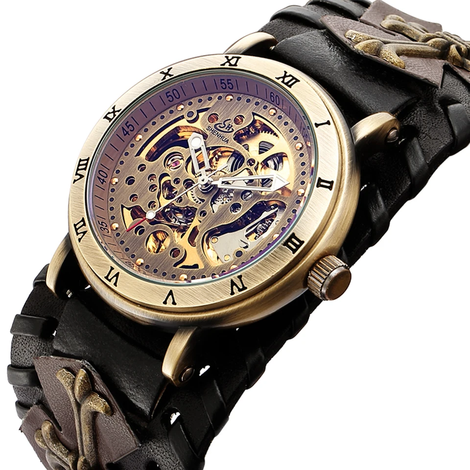 SHENHUA Retro Gothic Bronze Skeleton Automatic Mechanical Watch Men Steampunk Self Winding Clock Tourbillon Watch Reloj Hombre