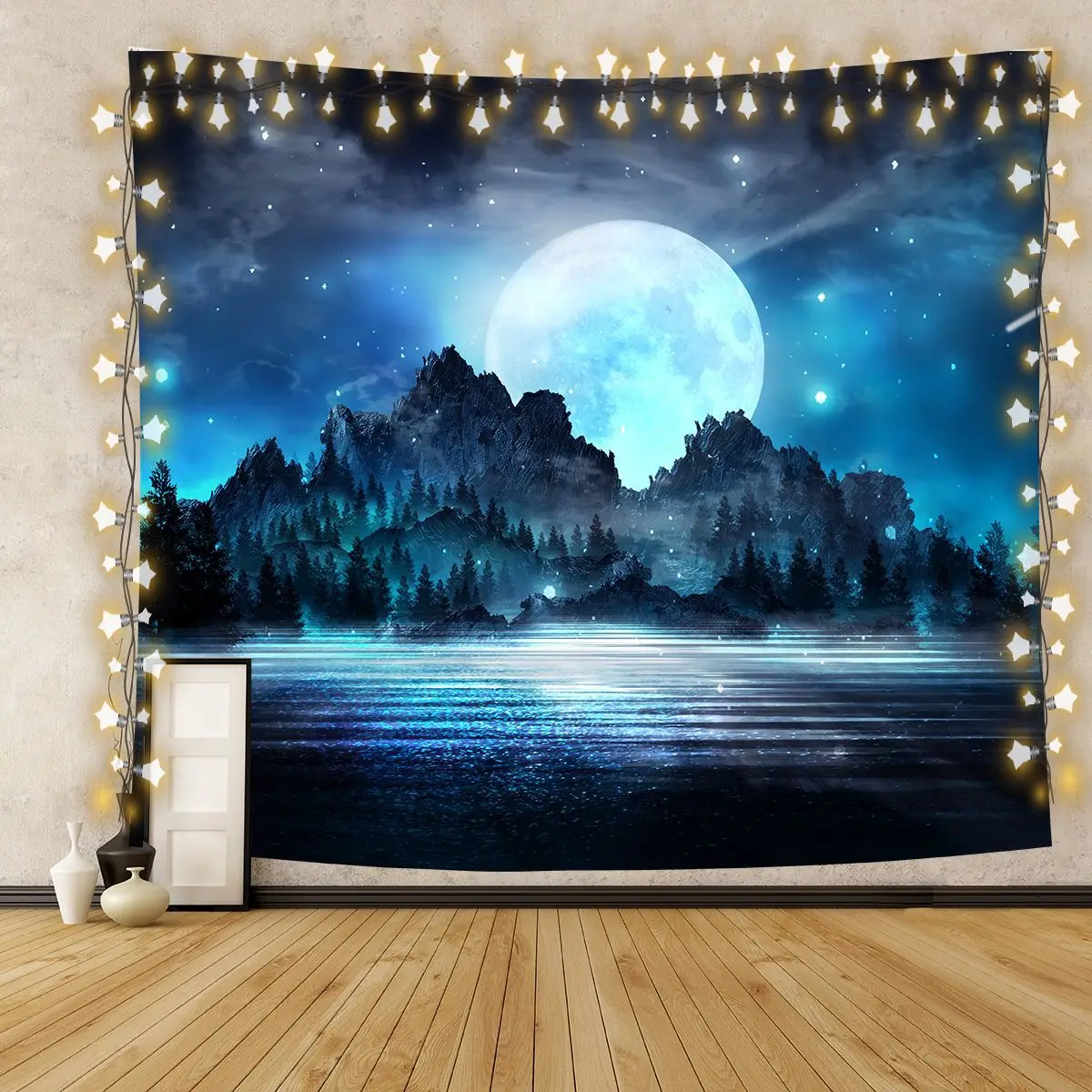 

Universe Galaxy Tapestry Beautiful Aurora Moon Under The Night Sky Printed Background Tapestry Wall Decor Cloth Bohemian Hippie
