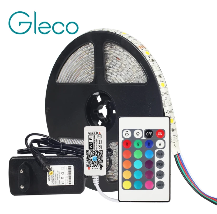 

DC12V 5050 LED Strip RGB RGBW RGBWW 60LEDs/m 5M with mini WiFi / Bluetooth Controller and 3A power supply LED Strip set