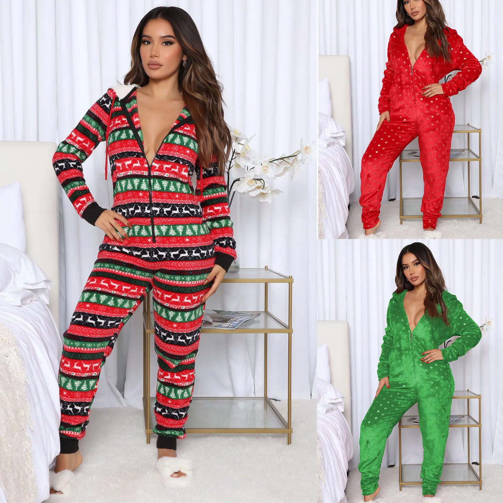 Print Christmas Sleepwear 1 Piece Pajama For Adult Women Fall Fashion Casual Long Sleeve Trousers Hooded Jumpsuit Homewear