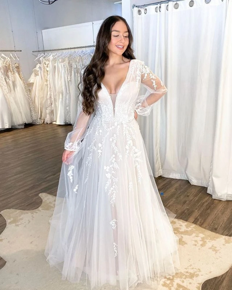 Angelsbridep tül v yaka düğün elbisesi Vintage Vestido Longo Rosa Novia Playa Noiva Curto evlilik elbise Mariee Blanche kilise