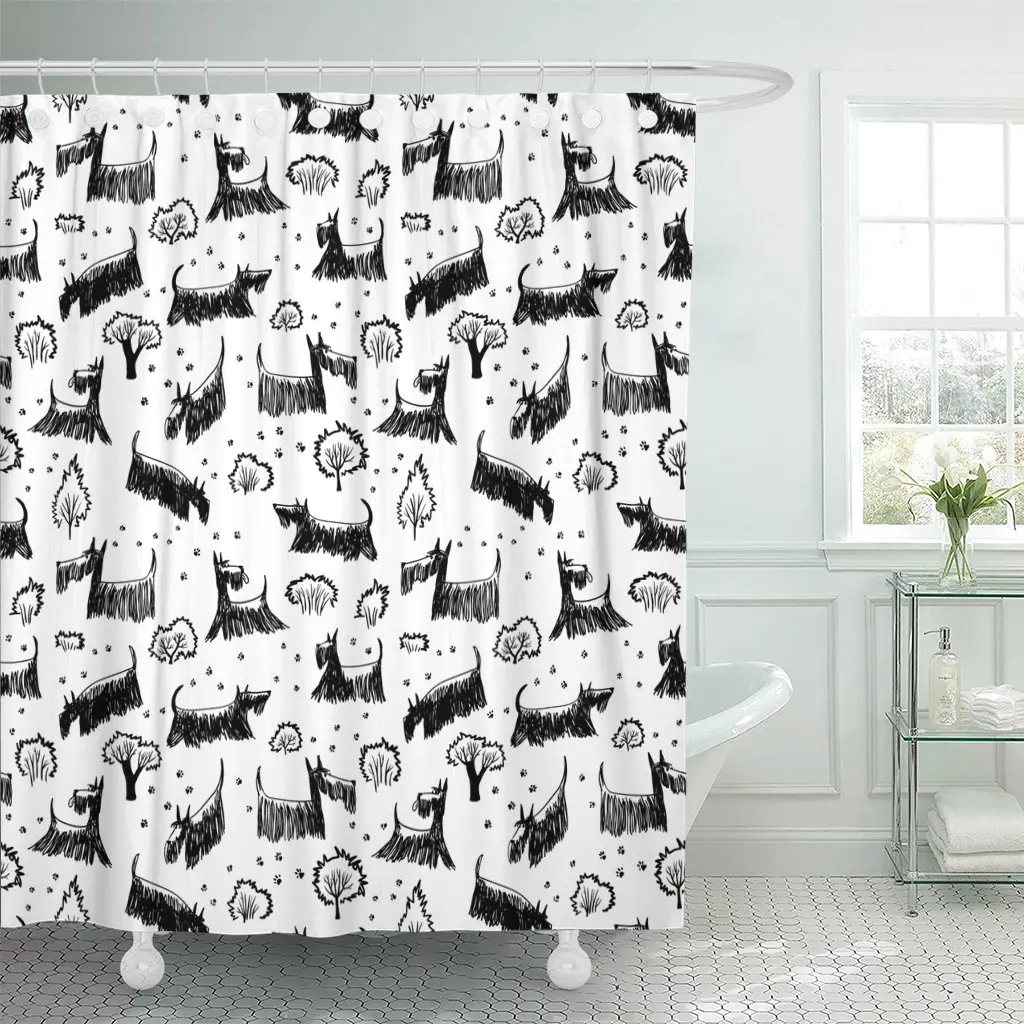 Cute Doodle Scotch Terrier Dog Breed Pets Footprints Shower Curtain Waterproof Polyester Fabric 72 x 78 Inches Set with Hooks