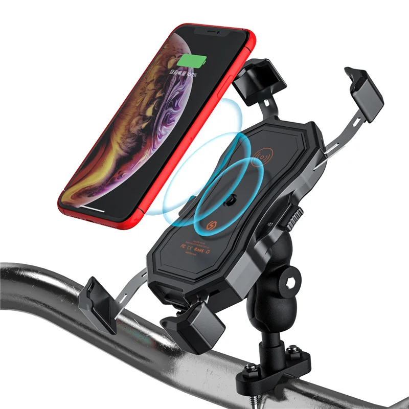 Wireless Phone Holder Retractable Foldable Rotatable Charging Mobile Phone Holder Black for Motorcycle Scooter Cell Phone Holder