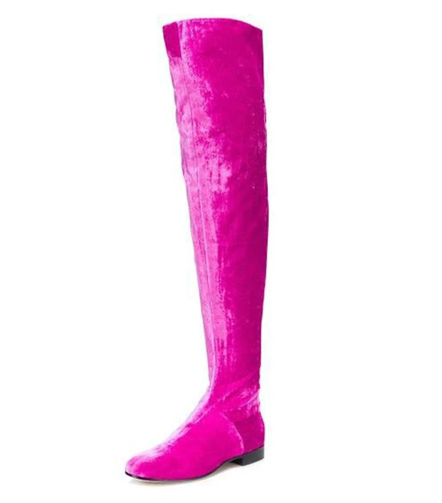 

Newest Rose Purple Blue Solid Color Over Knee Velvet Boots Woman Flat Heel Round Toe Thigh Boots Spring Outfit Long Knight Boots