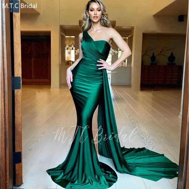 Sexy Green Mermaid Long Prom Dresses With Ribbons One Shoulder Satin Formal Dress Plus Size Wedding Party Gowns Robe De Soiree