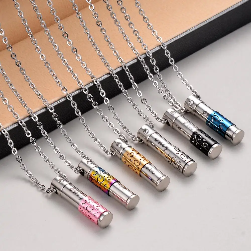 Stainless Steel Jewelry Cylinder Crystal Memorial Urn Pendant Pill Perfume Bottle Screw Opens Cremation Necklace Ash Case Holder