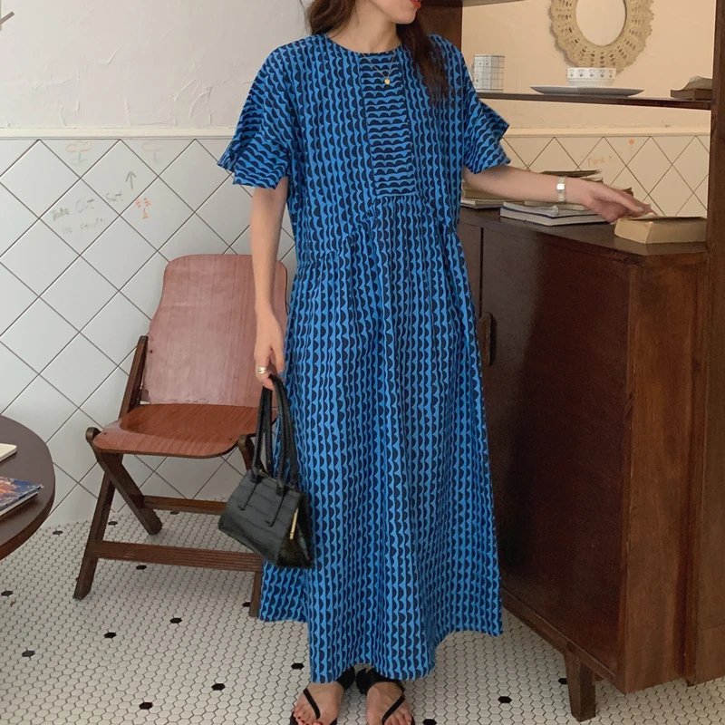 Abito lungo Vintage Oversize a righe ondulate donna estate 2024 New Butterfly Sleeve vita allentata a-line Maxi prendisole