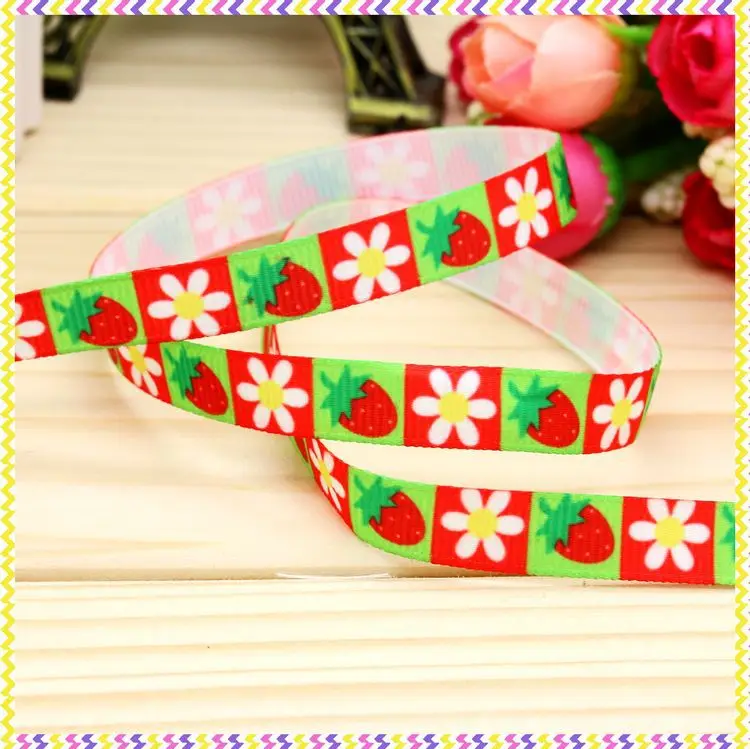 DHK 3/8'' 5yards strawberry printed grosgrain ribbon headwear hair bow diy party decoration OEM Wholesale 9mm E1288