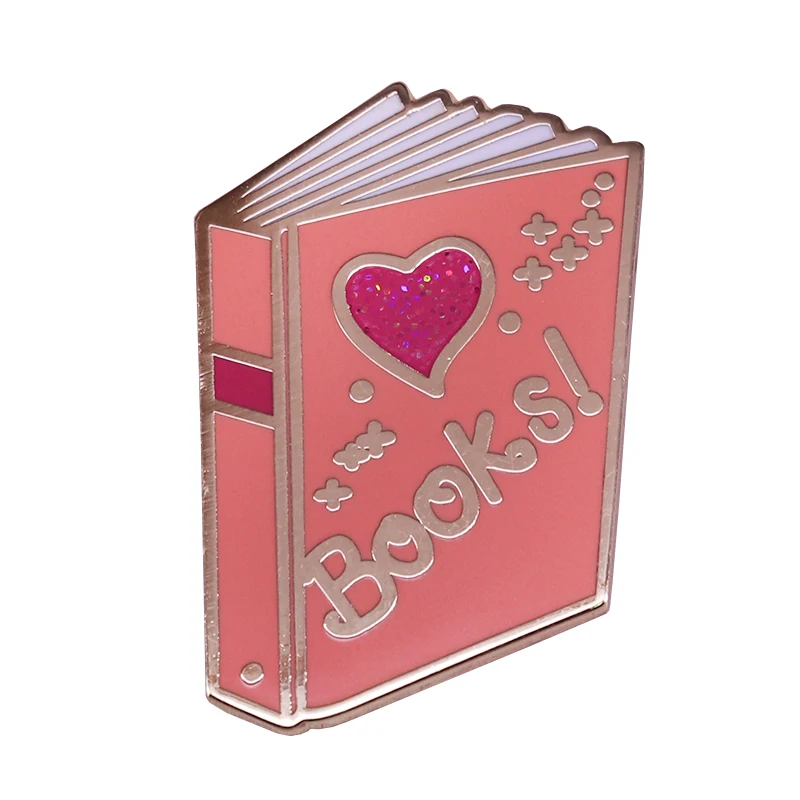 Pink books glitter pin magic power literary bookworm reader fantasy collection