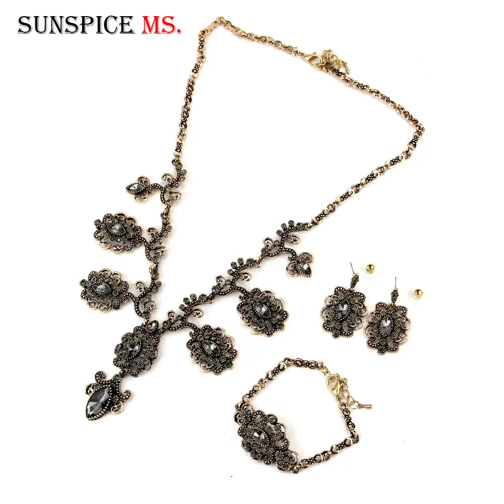 Sunspicems 2021 Vintage Turkish Flower Earring Necklace Bracelet Wedding Jewelry Set for Women Antique Gold Color Party Gift