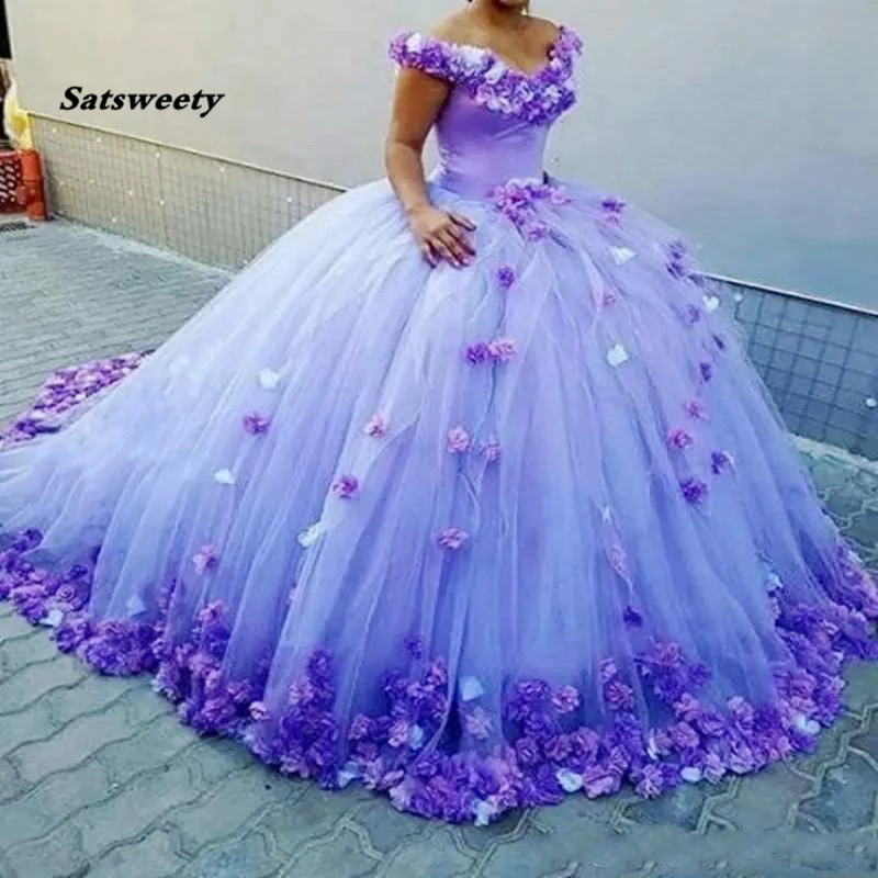 Vestido de baile de quinceañera púrpura con flores hechas a mano, vestido de novia con hombros descubiertos, tren largo con cordones en la espalda, Vestidos formales