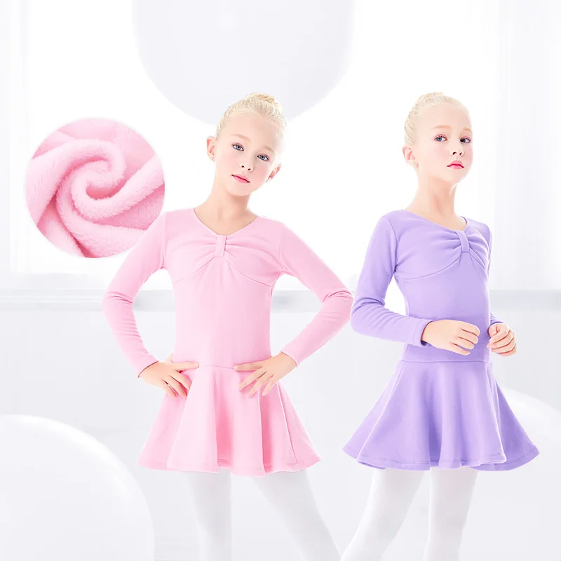 Ballet Jurk Plus Fleece Jurken Meisjes Dik Fluwelen Ballet Dancewear Kids Winter Warm Katoen Turnpakje Jurk Met Strik