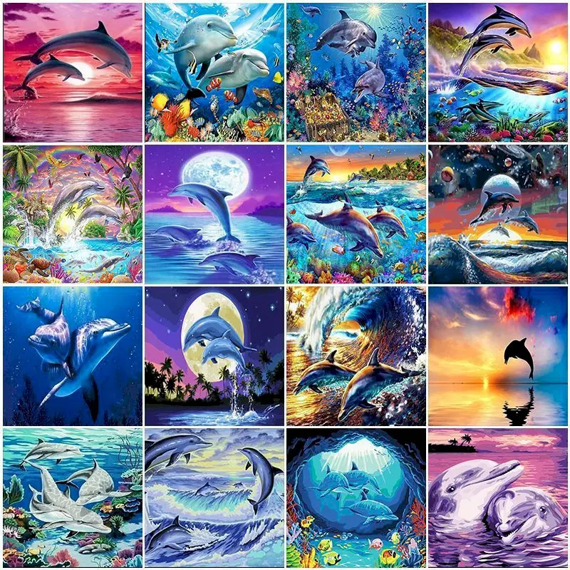 Dolphins Diy Paints By Numbers Animals Picture Oil Painting By Numbers Set Gift Coloring By Numbers Adult Kit On Canvas Wall Art