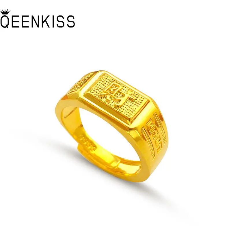 

QEENKISS RG520 Fine Hot Jewelry Wholesale Fashion Man Birthday Wedding Gift Round FU CAI FU Wide 10mm 24KT Gold Resizable Ring