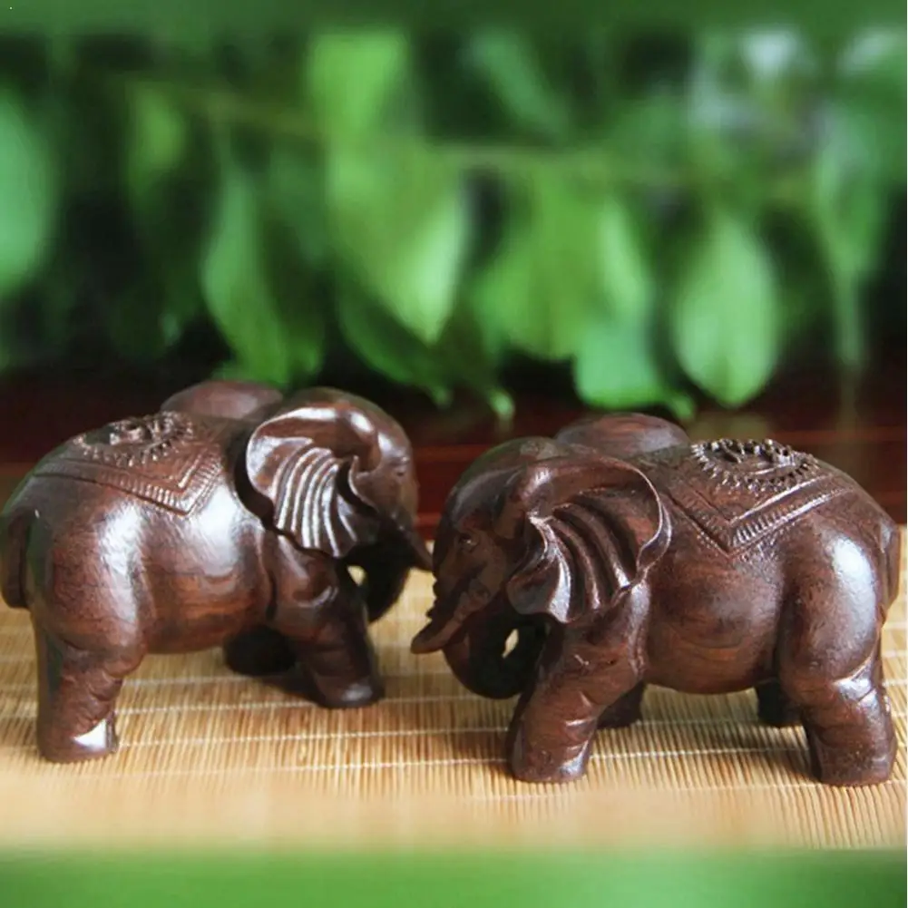 1pair Elephant Figurines Wood Sign Craft 6cm Carved Garden Image Buddha Home Office Decoration Ornaments Micro Landscaping