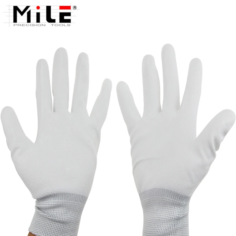 MILE 1 Pair ESD Safe Gloves White Anti-static Anti-skid PU Finger Top Coated for Electronic Repair Works