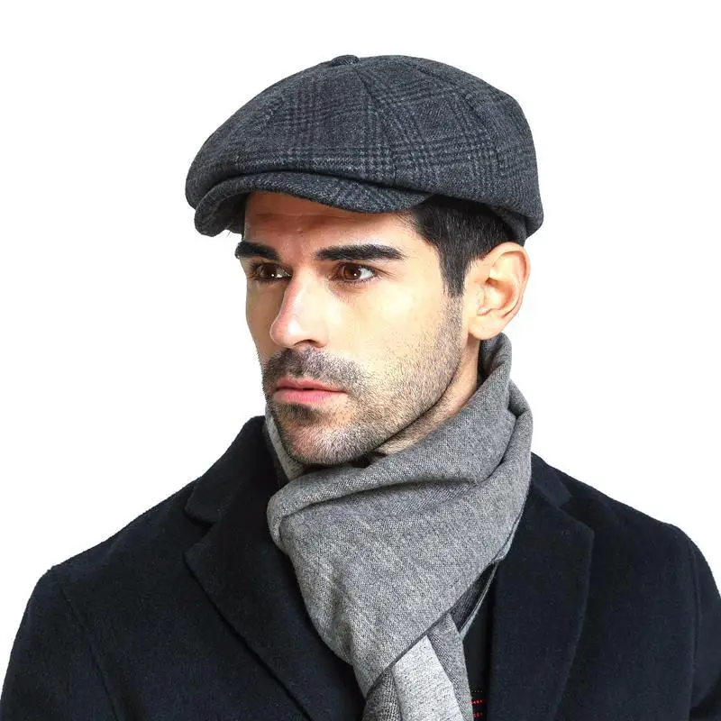 Men Herringbone Gray Octagon Cap British Style Gatsby Flat Cap Winter Wool Cap Men Women Retro Berets For Men Baker Boy Hat NM23