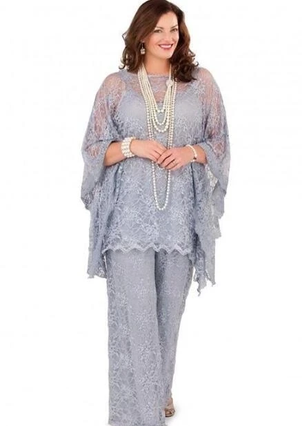 

Silver Mother Of The Bride Dresses Sheath Floor Length Lace With Jacket Pants Suit Long Groom Mother Dresses For Weddings
