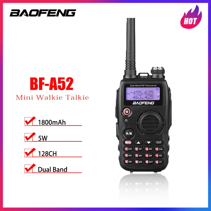 BaoFeng A52 BF-A52 Mini Walkie Talkie 5W Dual Band VHF/UHF 136-174/400-470MHZ Portable Two Way Radio FM Transceiver CB Ham Radio