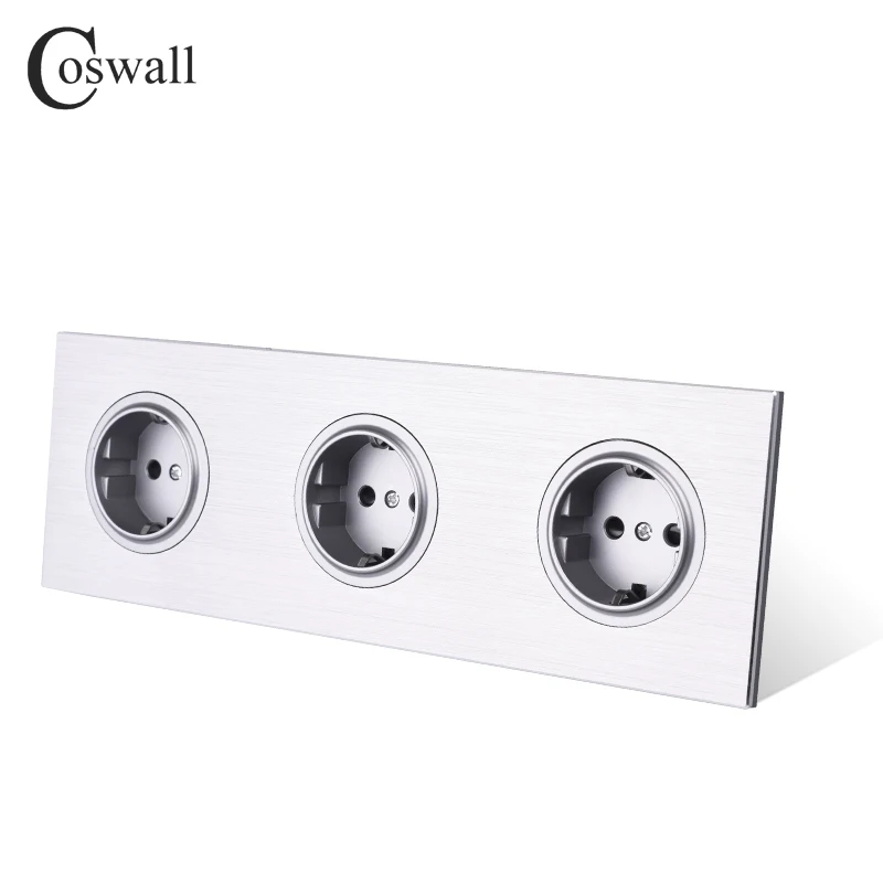 Coswall Luxurious Black / Silver Grey Aluminum Metal Panel Triple EU Russia Wall Socket Grounded With Children Protective Door