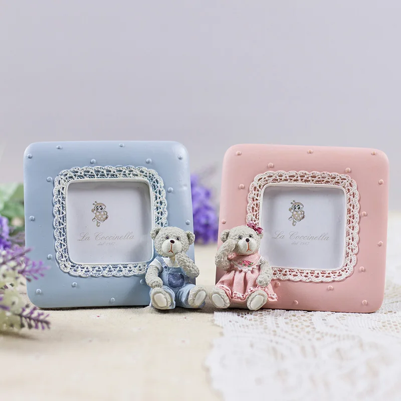 European Cute Teddy Tear With Lace Border Design Oval Square Shape 2x2 2.5x3.5 Pink Blue Resin Tabletop Baby Picture Photo Frame